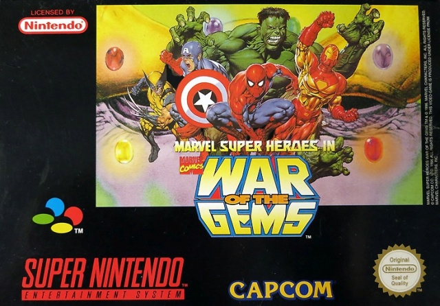 Front cover of Marvel Super Heroes in War of the Gems for Super Nintendo