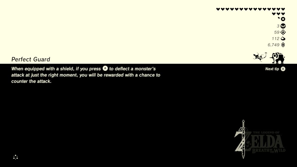 Loading screen which also depict your status progress in hearts, stamina, Korok seeds collected, shrines completed and Divine Beast completed