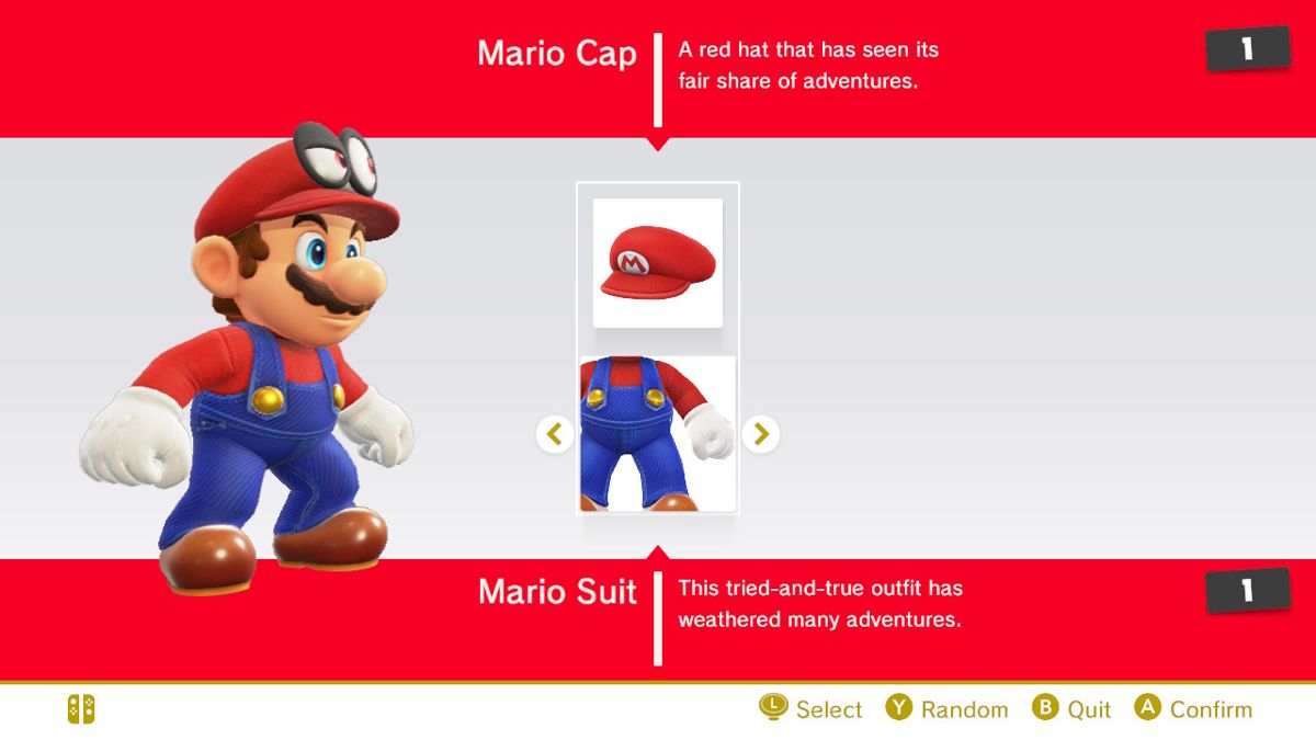 Here you can choose from a selection of Cappy hats and costumes you unlock throughout the game!